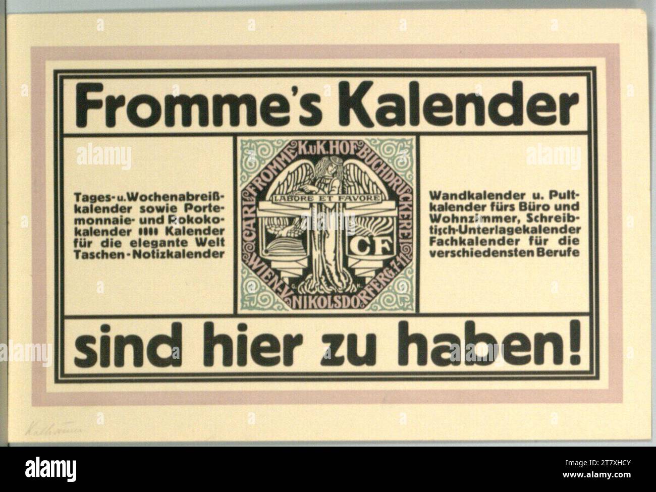 Il calendario di Gustav Kalhammer Fromme è disponibile qui!; Carl Fromme K. U. K. Hofbuchdruckerei. Colore intorno a 1910 Foto Stock
