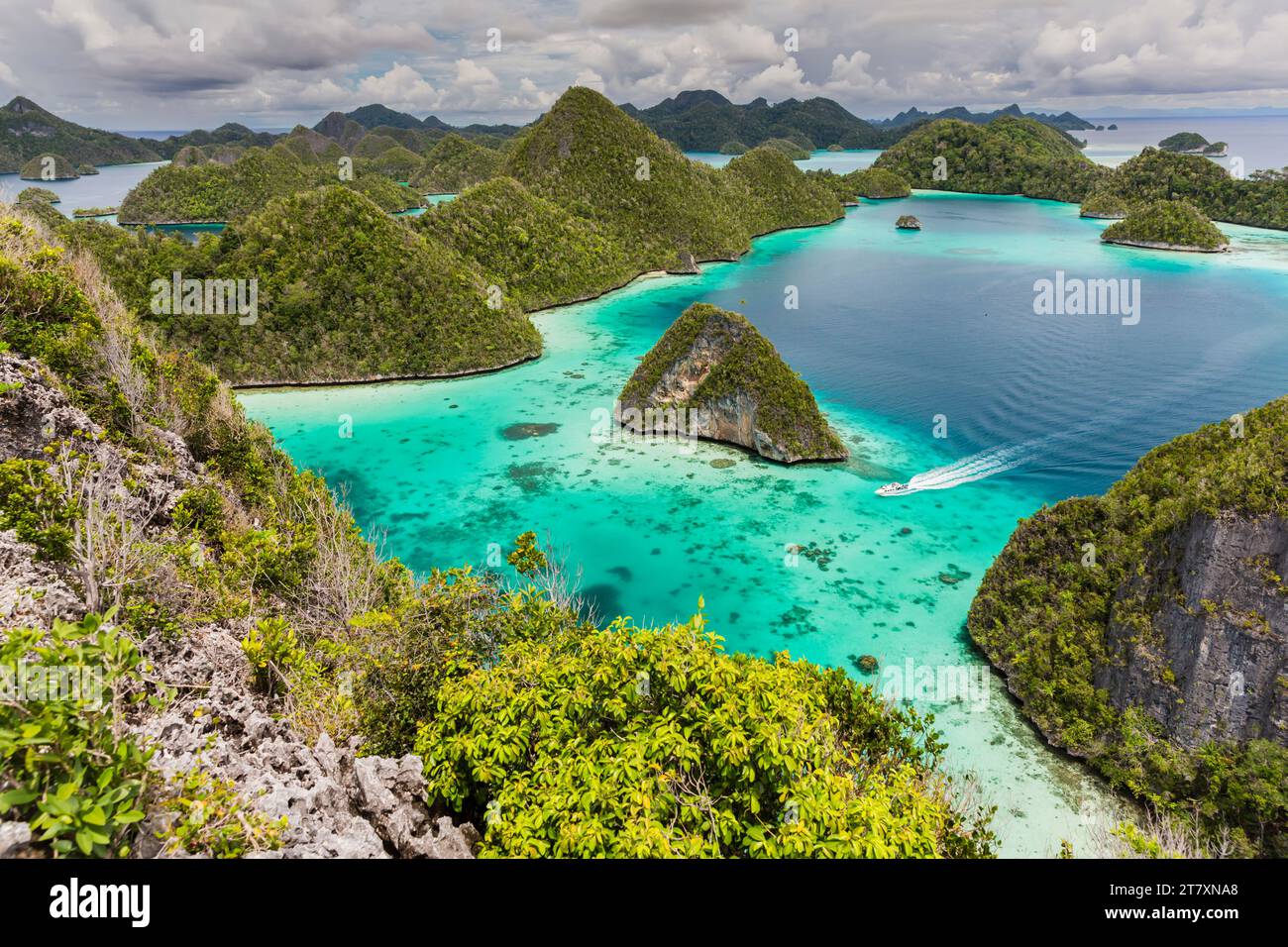 Vista dalla cima delle piccole isolette del porto naturale protetto di Wayag Bay, Raja Ampat, Indonesia, Sud-est asiatico, Asia Foto Stock