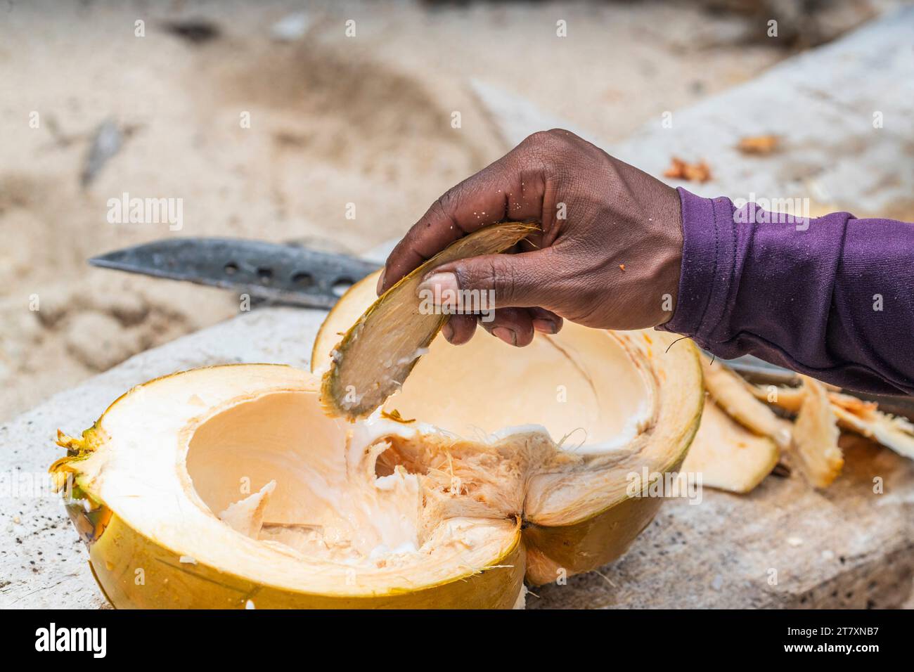 Uomo del posto che mangia una noce di cocco fresca a Batu Hatrim, Raja Ampat, Indonesia, Sud-Est asiatico, Asia Foto Stock