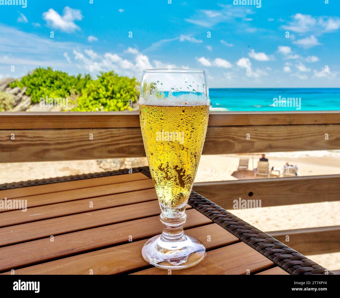 Birra fredda in una giornata calda in spiaggia, South Shore, Bermuda, Nord Atlantico Foto Stock