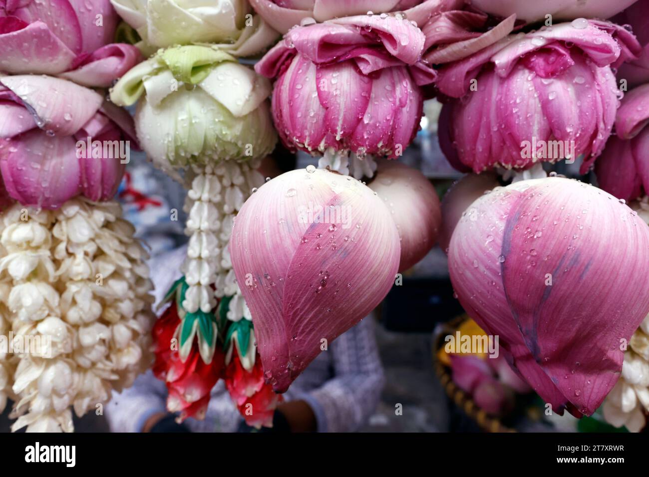 Ghirlande di fiori come offerte del tempio per la cerimonia indù, negozio di fiori indiani al Tempio di Sri Maha Mariamman, Bangkok, Thailandia, Sud-Est Asiatico, Asia Foto Stock