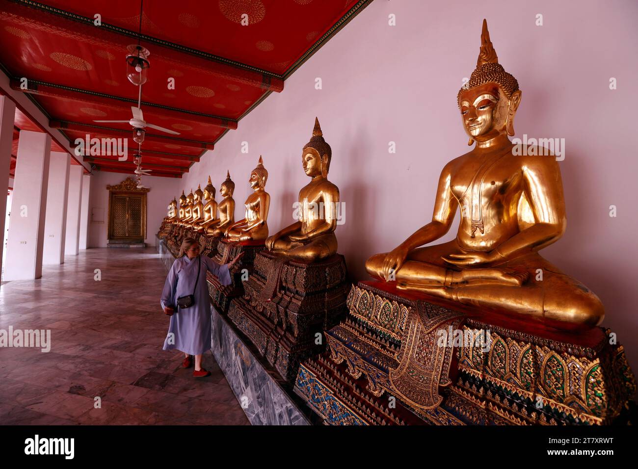 Fila di statue dorate di Buddha, gesto di testimonianza della terra, Wat Pho (Tempio del Buddha sdraiato), Bangkok, Thailandia, Sud-Est asiatico, Asia Foto Stock