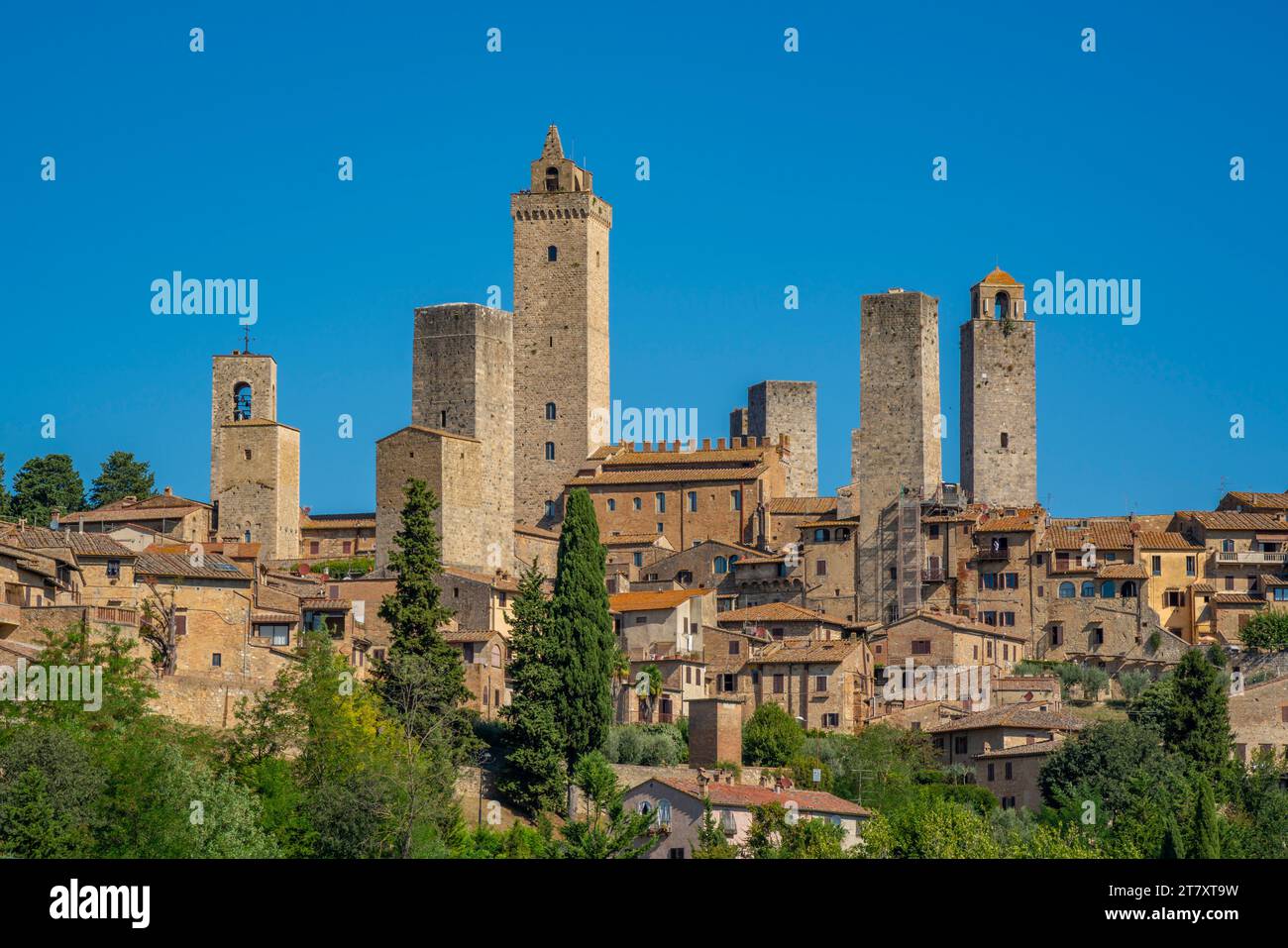 Vista dello skyline di San Gimignano, San Gimignano, sito patrimonio dell'umanità dell'UNESCO, Provincia di Siena, Toscana, Italia, Europa Foto Stock