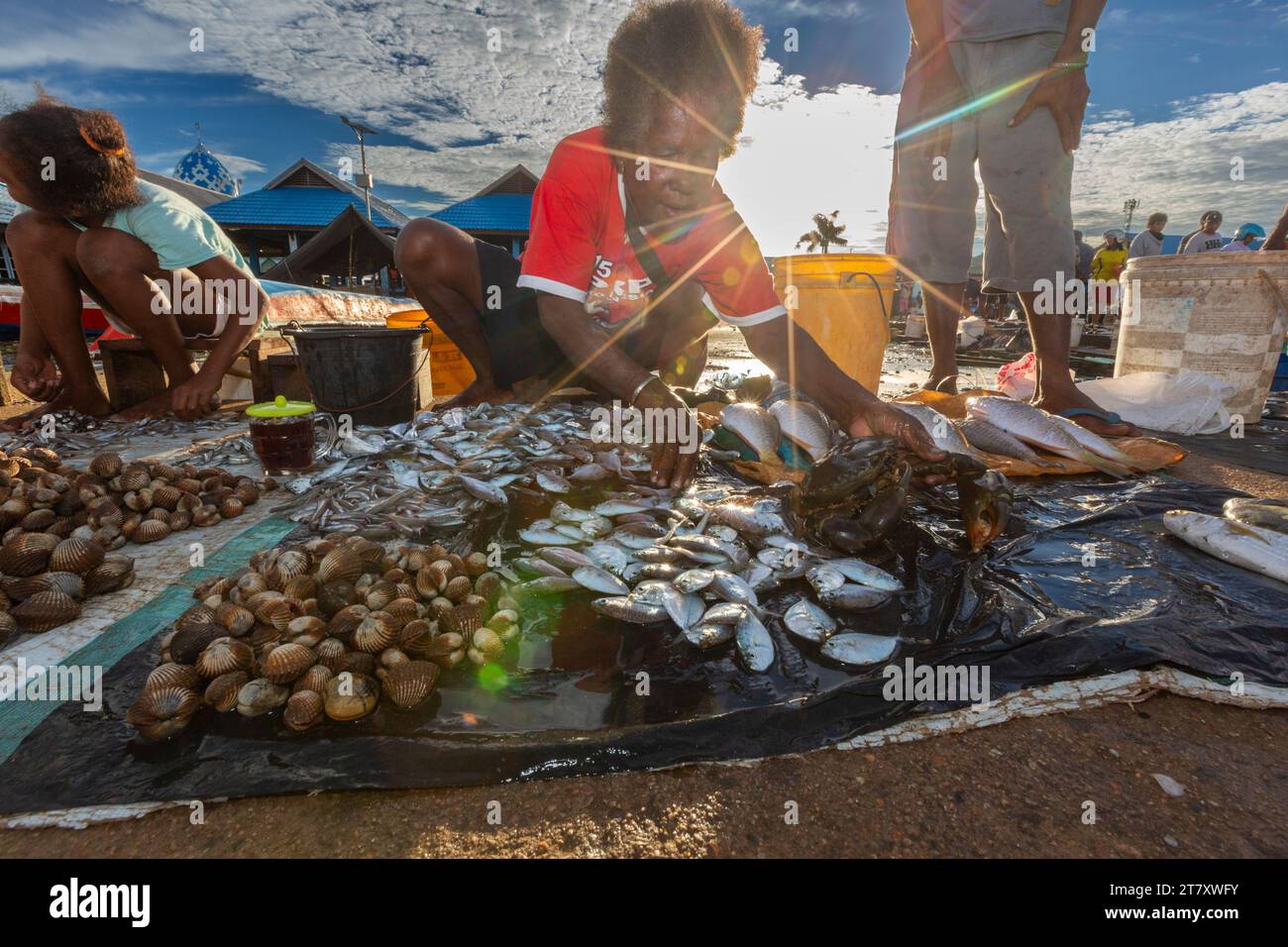 Venditori di pesce fresco al mercato del pesce di Sorong, la città più grande della provincia indonesiana di Papua sud-occidentale, Indonesia, Sud-est asiatico Foto Stock