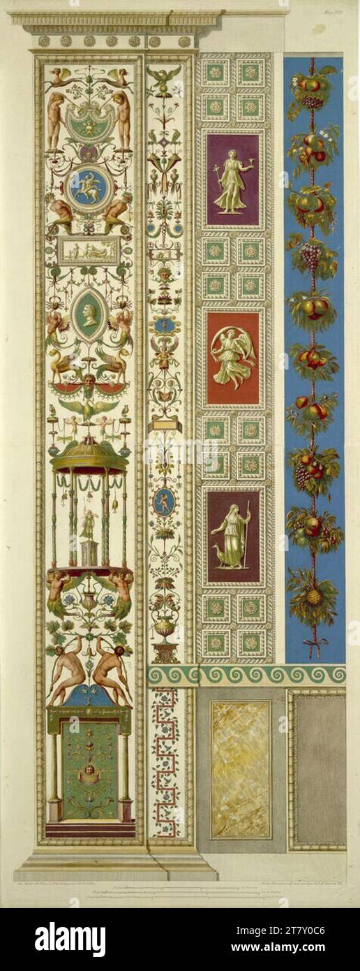 Giovanni Ottaviani (incisore) Logge di Raffaello in Vaticano: Pilastro XIII (donna con uccello). Incisione in rame, colorata 1772 , 1772 Foto Stock