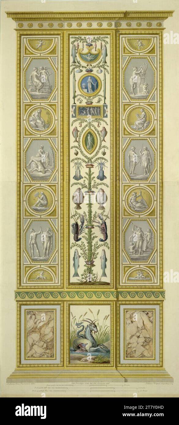 Giovanni Volpato (incisore) le logge di Raffaello in Vaticano: Pilastro IX B, Esterno (cavalluccio marino). Incisione in rame, colorata 1774 , 1774 Foto Stock