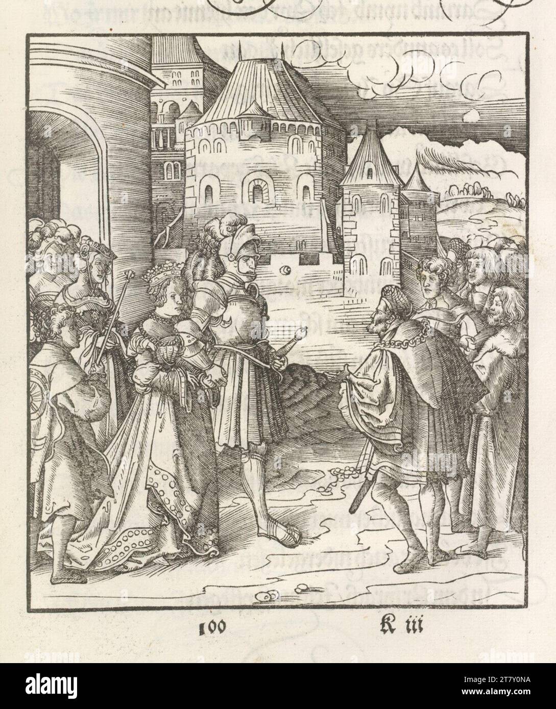 Leonhard Beck Theuerdank: Immagine 100 - Un gruppo di cavalieri contribuisce ai tornei, la regina d'onore, che si trova accanto a lui. Woodcut 1517 , 1517 Foto Stock