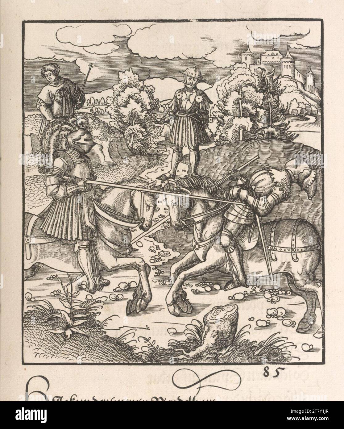 Leonhard Beck Theuerdank: Figura 85 - in una scena di tornei, l'avversario e il duro cavaliere è solo il colpo mortale. Woodcut 1517 , 1517 Foto Stock