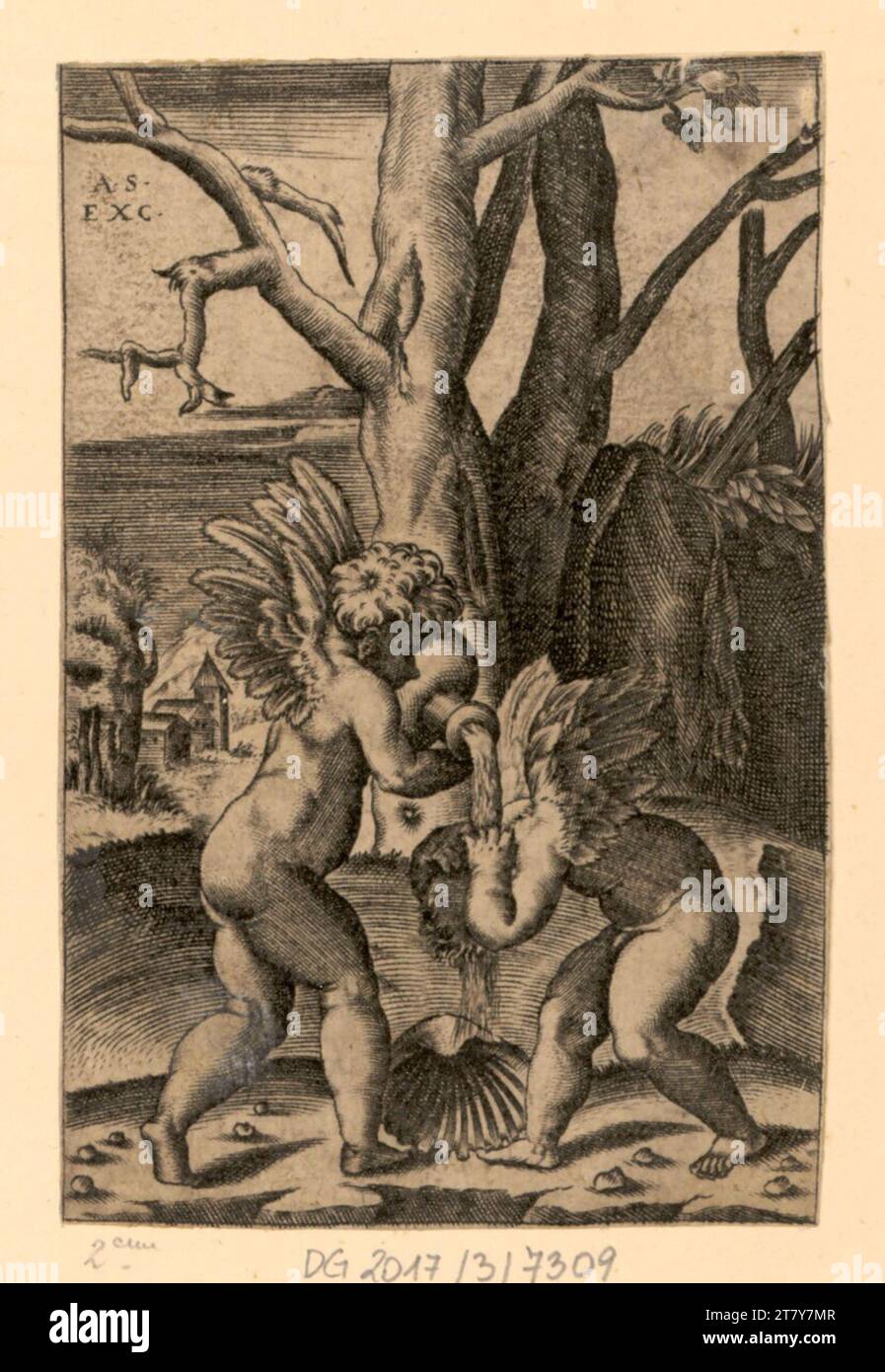 Agostino Veneziano (incisore) due amoretti. Stampa in rame 1520-1530 , 1520/1530 Foto Stock