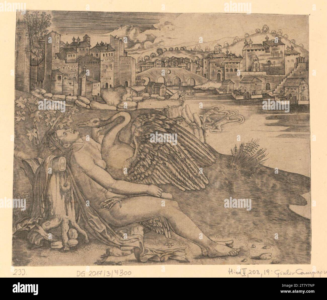 Giulio Campagnola leda. Stampa in rame 1515-1530 , 1515/1530 Foto Stock