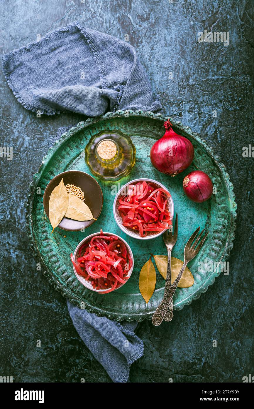 Cipolle rosse a fette sottaceto fatte in casa con ingredienti Foto Stock