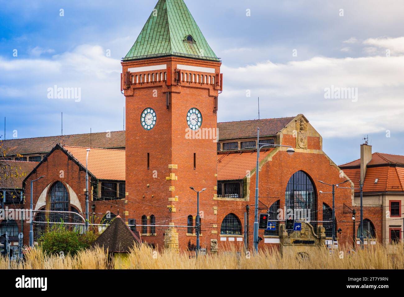 Wrocław, Polonia - 16.11.2023: Mercato di Wrocław (Hala Targowa) struttura degli inizi del XX secolo dove i commercianti forniscono prodotti da forno, carne, frutta fresca, Foto Stock