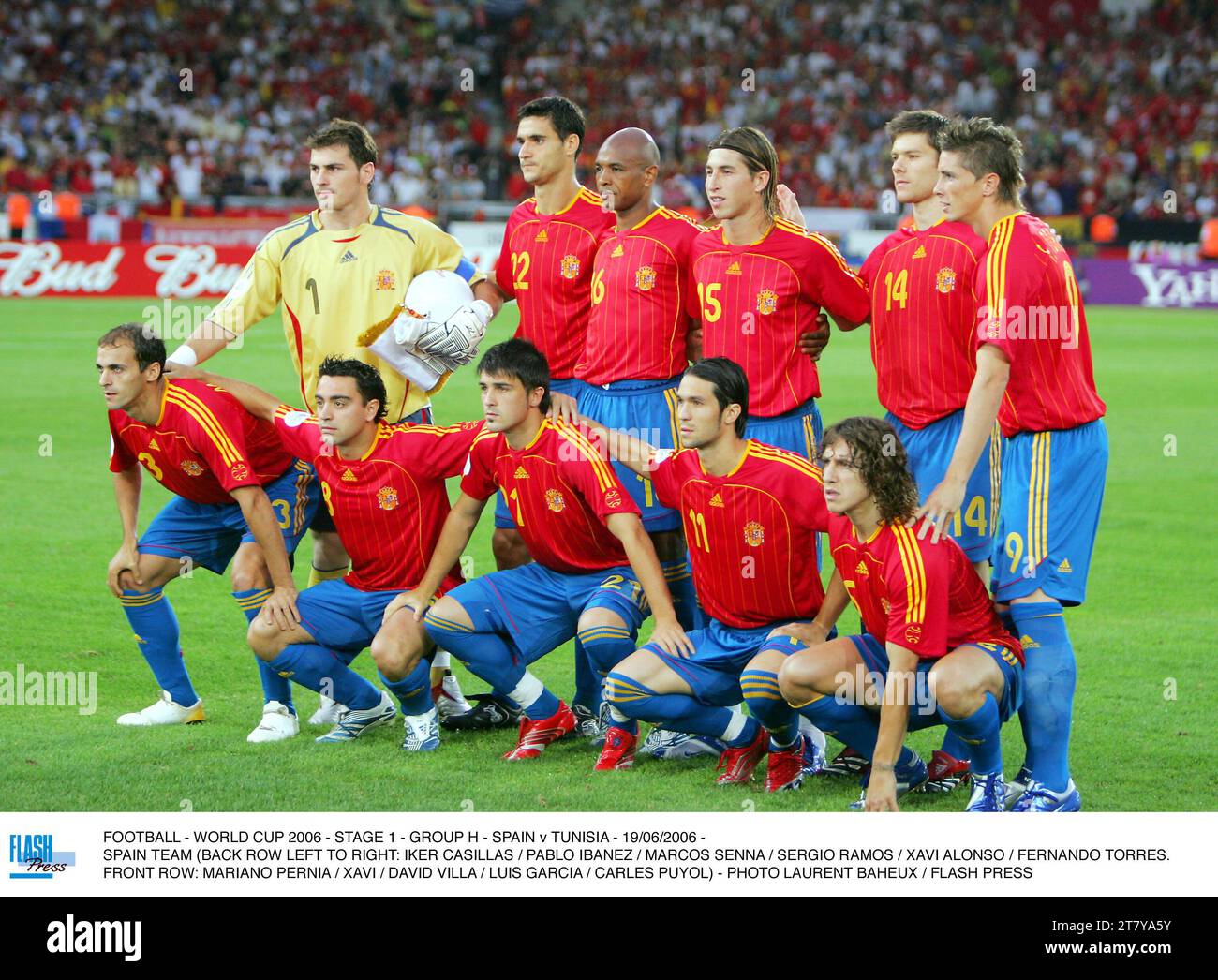 CALCIO - COPPA DEL MONDO 2006 - FASE 1 - GRUPPO H - SPAGNA CONTRO TUNISIA - 19/06/2006 - SQUADRA SPAGNOLA (SECONDA FILA DA SINISTRA A DESTRA: IKER CASILLAS / PABLO IBANEZ / MARCOS SENNA / SERGIO RAMOS / XAVI ALONSO / FERNANDO TORRES. PRIMA FILA: MARIANO PERNIA / XAVI / DAVID VILLA / LUIS GARCIA / CARLES PUYOL) - FOTO LAURENT BAHEUX / FLASH PRESS Foto Stock