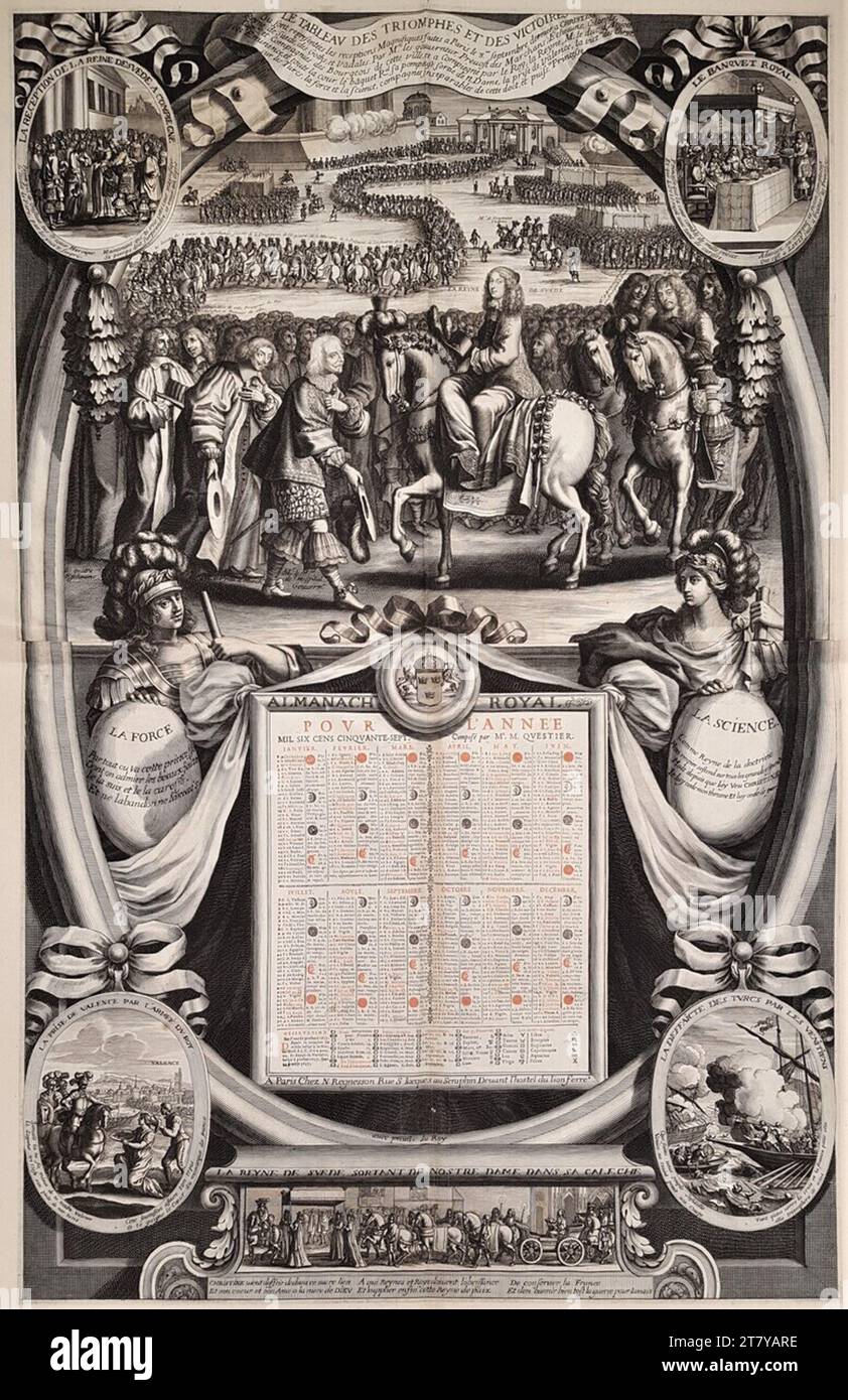 Anonimo (incisore) accoglienza della Regina Cristina di Svezia da parte dei membri della città di Parigi di fronte alla Cattedrale di San Antonius Goal l'8 settembre 1656. Incisione in rame di due lastre su carta, nella parte inferiore del calendario stampato per il 1657 in rosso-nero Guy stampa 1656 , 1656 Foto Stock