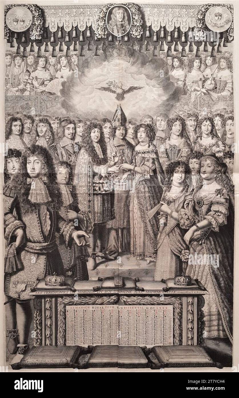 Anonimo (incisore) matrimonio della principessa Maria Luisa d'Orleans per Procurationem con Carlo II Re di Spagna il 31 agosto 1679 a Fontainbleau. Incisione in rame di due lastre su carta, sul bordo inferiore del calendario stampata sul bordo inferiore per 1680 in rosso-nero stampa Guy 1679/80 , 1679/1680 Foto Stock