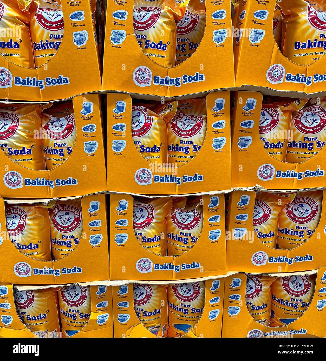 BAXTER, MN - 24 giu 2023: Confezioni di bibite da forno a marchio braccio e martello in esposizione e in vendita presso Costco. Foto Stock