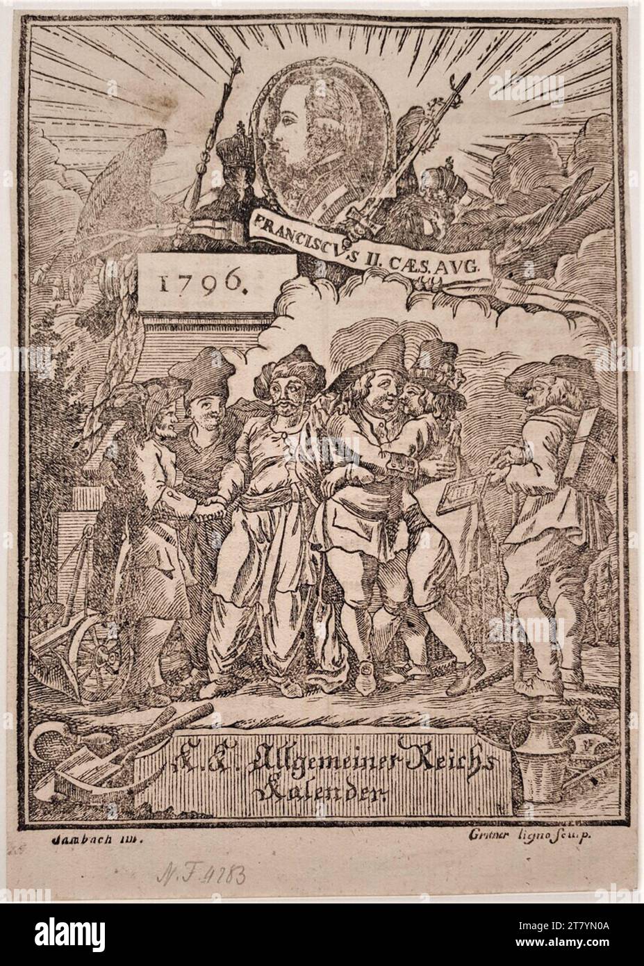 J. Gritner Calendar titolo con medaglione ritratto dell'imperatore Francesco II (i.). Taglio su carta 1796 , 1796 Foto Stock