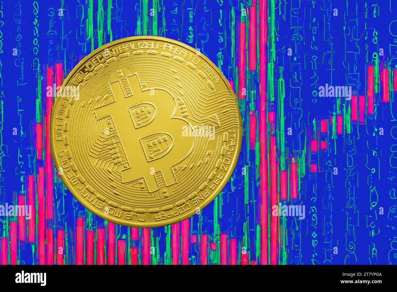 Bitcoin cryptocurrency Metal Coin, sistema di pagamento decentralizzato in valuta internazionale. Rappresentazione figurativa della valuta virtuale. Foto Stock