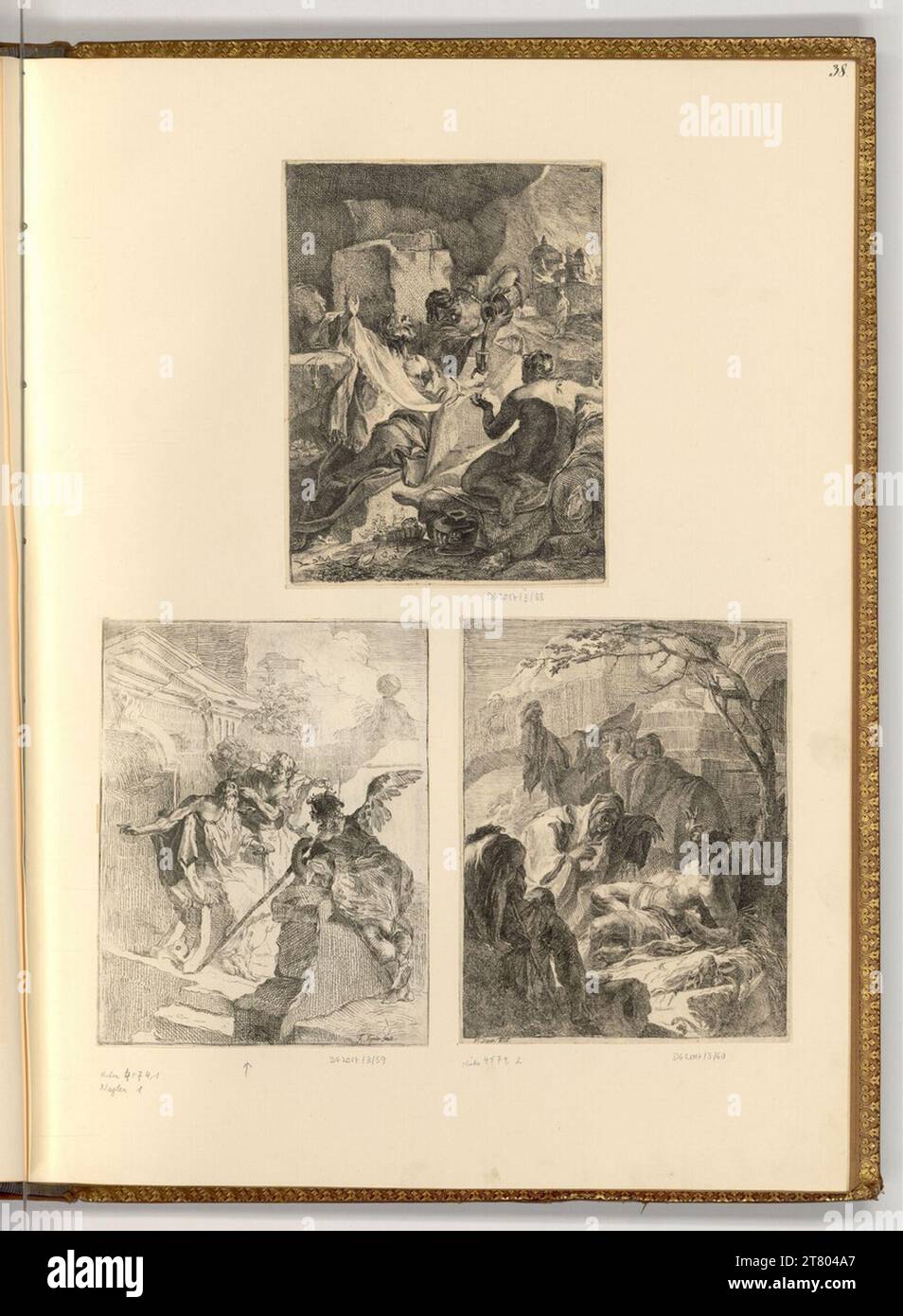 Franz Sigrist (Ausführende r Künstler in) Loth e le sue figlie; Tobias si riprende la faccia con l'aiuto dell'angelo; Giobbe al mucchio di fertilizzanti di sua moglie e dei suoi amici preso in giro. incisione 1744-1803 , 1744/1803 Foto Stock