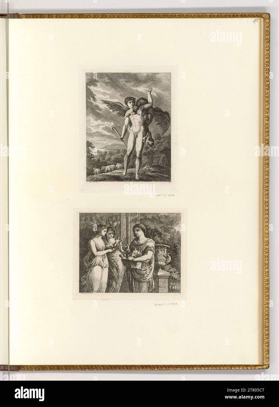 Salomon Gessner (Ausführende r Künstler in) Un commerciante di figura ha cresciuto due ragazze; l'aquila si tuffa su Ganymed. incisione 1770 , 1770 Foto Stock