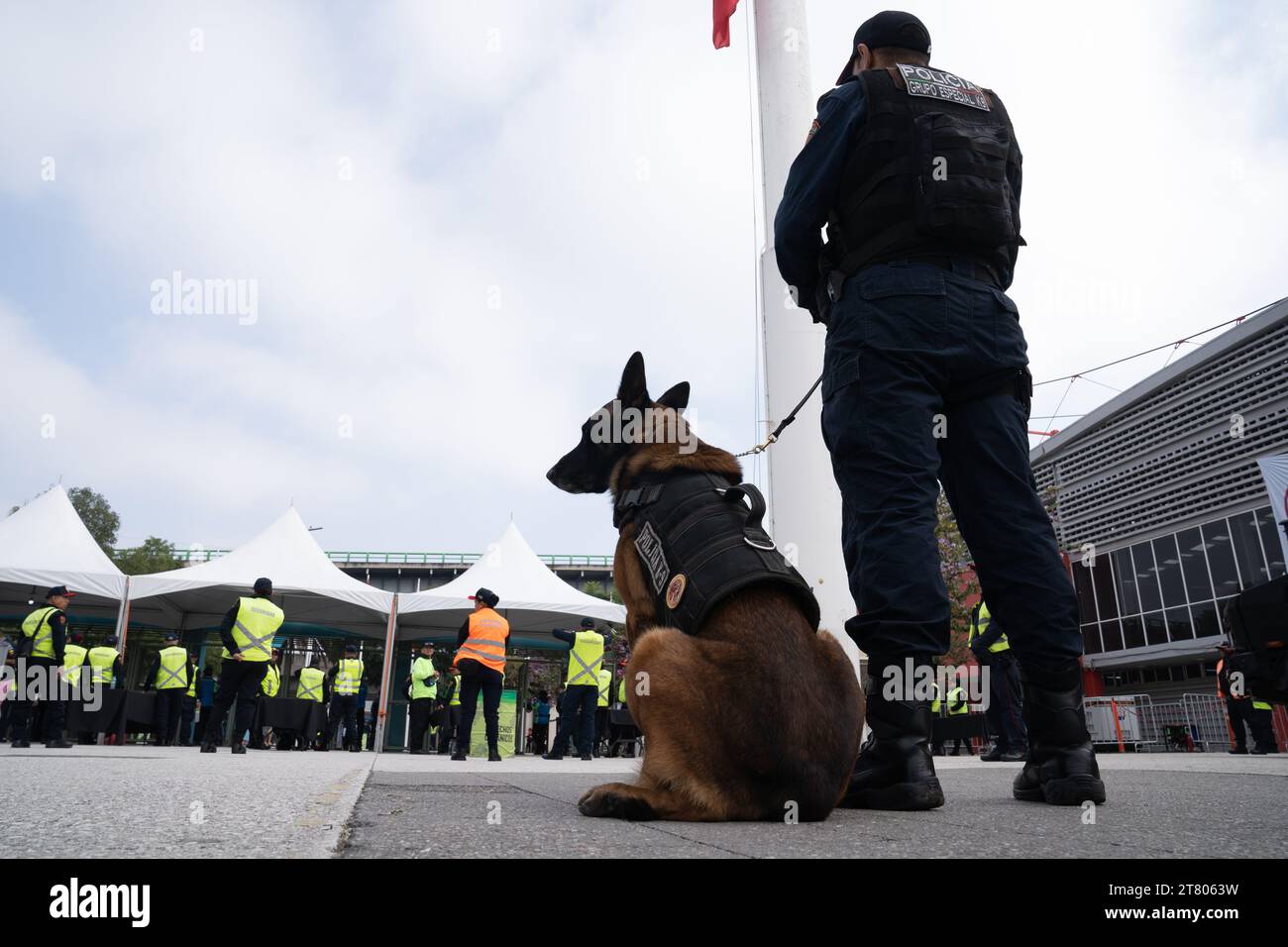 Oltre 4.300 agenti di polizia e pattuglia personale di sicurezza l'evento e 7 cani lavorano dalle 7:00 alle 17:00 ogni giorno, Mexican City Grand Prix, Messico, 28 ottobre 2023. Più di 400.000 persone hanno partecipato all'evento. 65 persone sono state escluse dall'evento a seguito di un alterco o di un comportamento inappropriato, ha confermato il Segretario di sicurezza di MayorÕs per la città. Crediti: Lexie Harrison-Cripps Foto Stock