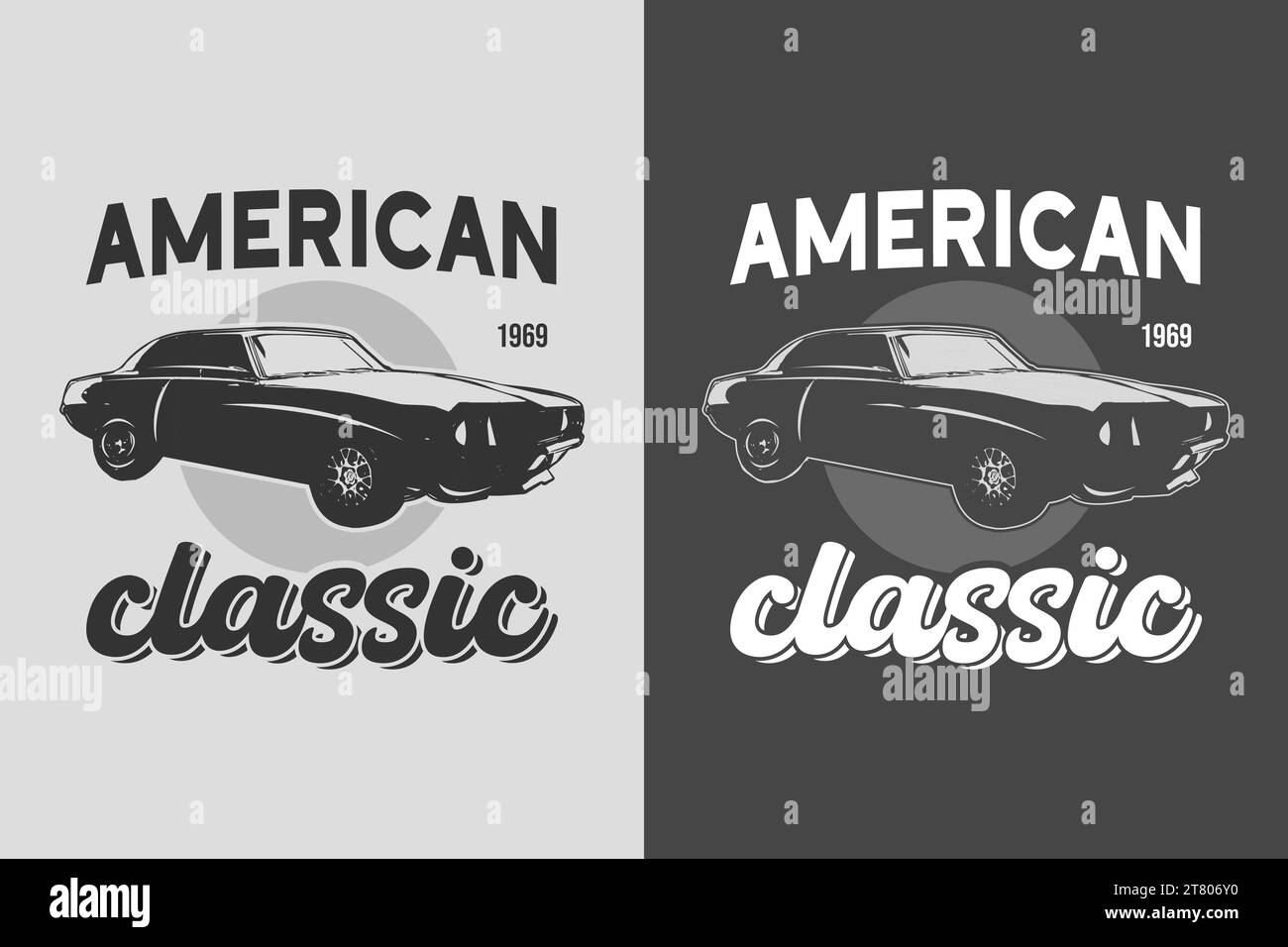 T-Shirt Vector per auto d'epoca americana. T-shirt vintage con stampe in bianco e nero su sfondo per auto d'epoca. grafica di una vecchia tshirt per auto retrò. Illustrazione Vettoriale