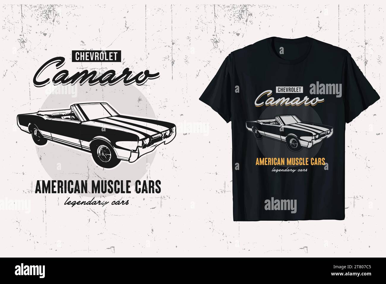 t-shirt vettoriale della chevrolet camaro muscle cars americana. t-shirt vintage muscle classic cars. stampa in bianco e nero. Illustrazione Vettoriale