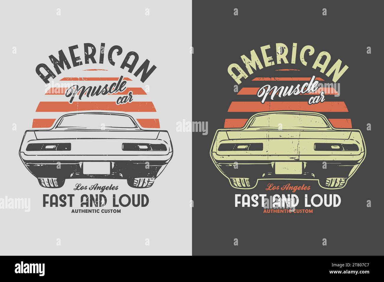 T-Shirt Vector American Muscle Car Design. T-shirt vintage con stampe in bianco e nero su sfondo per auto d'epoca. vecchia colorata grafica retrò per auto. Illustrazione Vettoriale