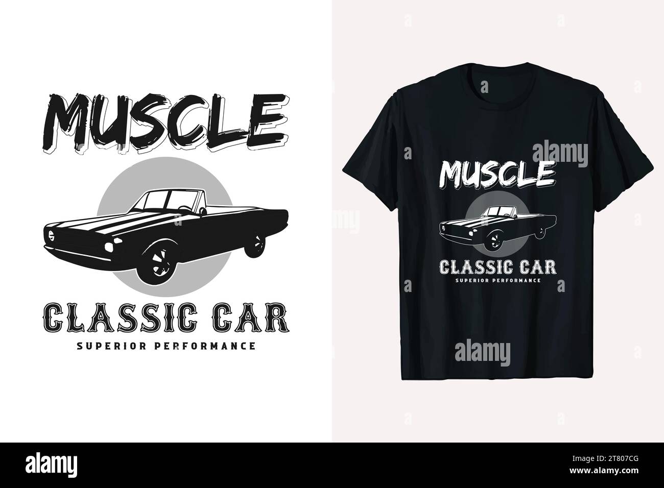 Grafica del design della t-shirt vettoriale Muscle car classica americana. tshirt per file in bianco e nero pronta per la stampa. Illustrazione Vettoriale