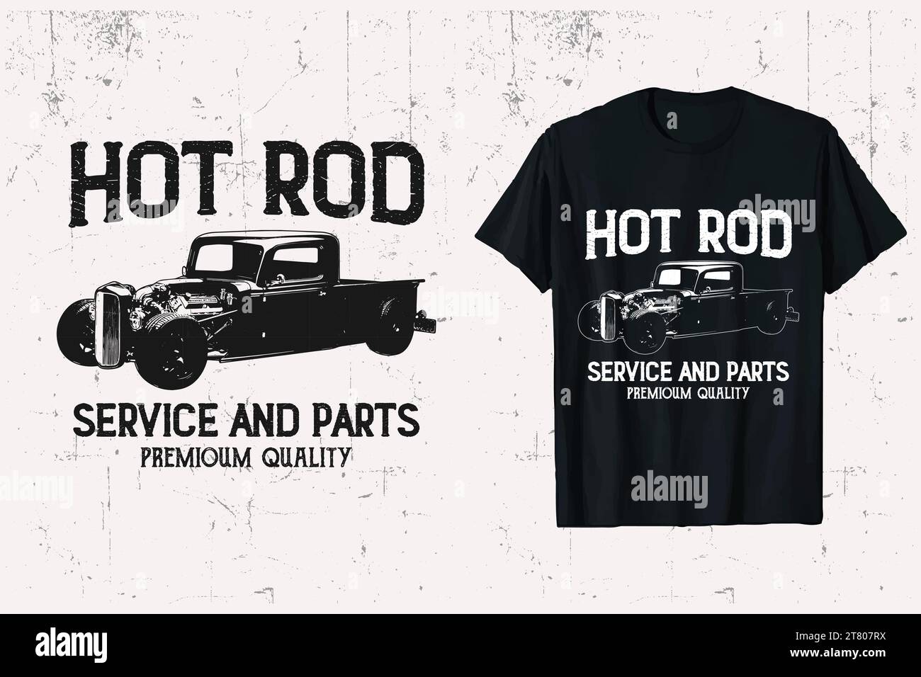 T-shirt Hot Rod Car Vector Design. T-shirt personalizzata con sfondo bianco e nero per hotrods. Illustrazione Vettoriale