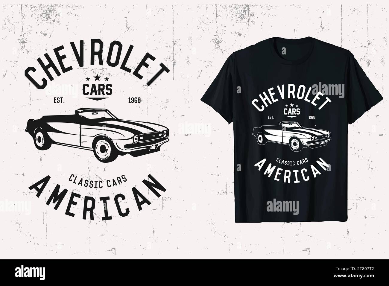 T-shirt Vector American Chevrolet Classic Car. grafica t-shirt con stampe in bianco e nero. Illustrazione Vettoriale