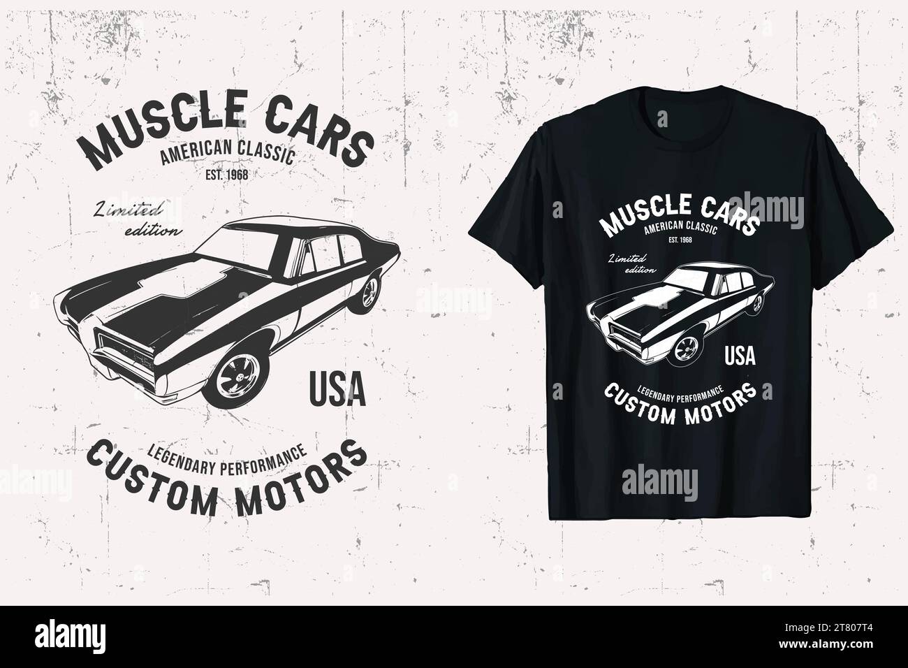 T-shirt American Muscle Classic Car. grafica della t-shirt per auto usa. grafica tshirt auto d'epoca vecchio stile. modello di stampa in bianco e nero. Illustrazione Vettoriale