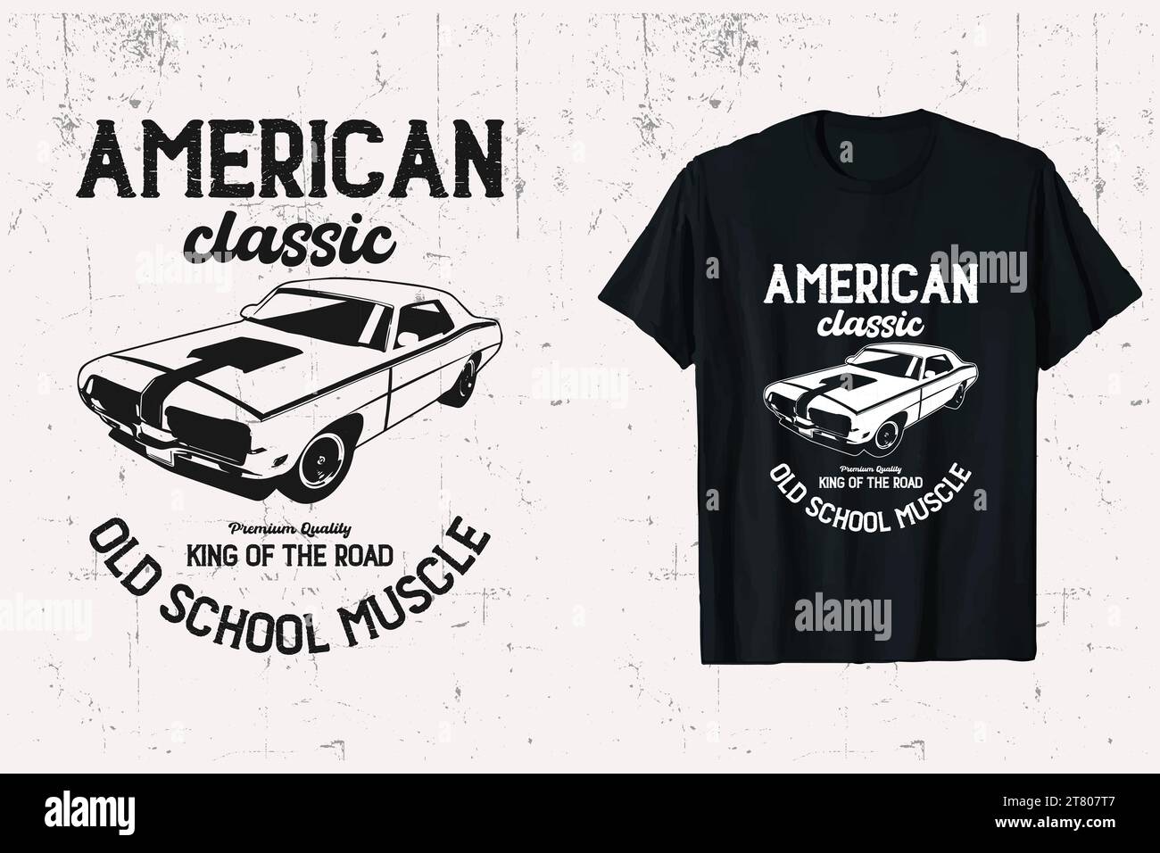 Grafica del design della T-shirt Vector American Muscle Classic Car. vecchio re dei muscoli della strada. t-shirt bianca e nera. Illustrazione Vettoriale
