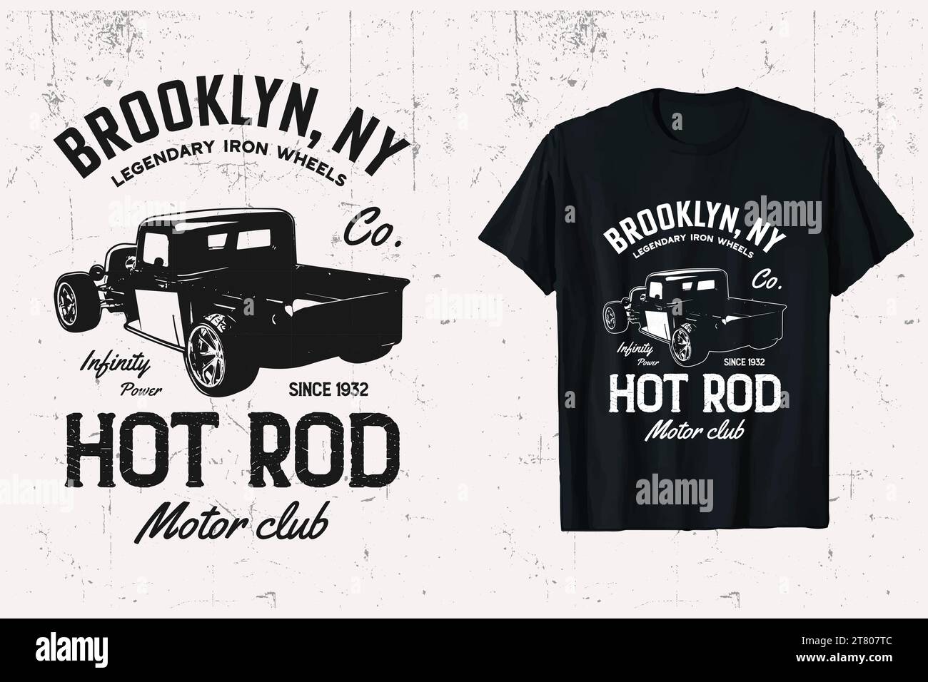 T-shirt Vintage Truck Brooklyn Custom Vector HotRod. Design della t-shirt per auto HotRod. bianco e nero. Illustrazione Vettoriale