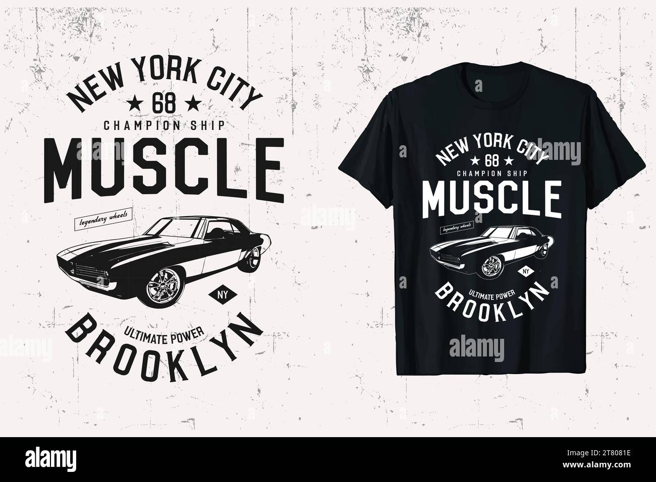 T-shirt da auto di New york City Muscle Classic. grafica della t-shirt vettoriale per auto d'epoca americana. stampa su sfondo bianco e nero. Illustrazione Vettoriale