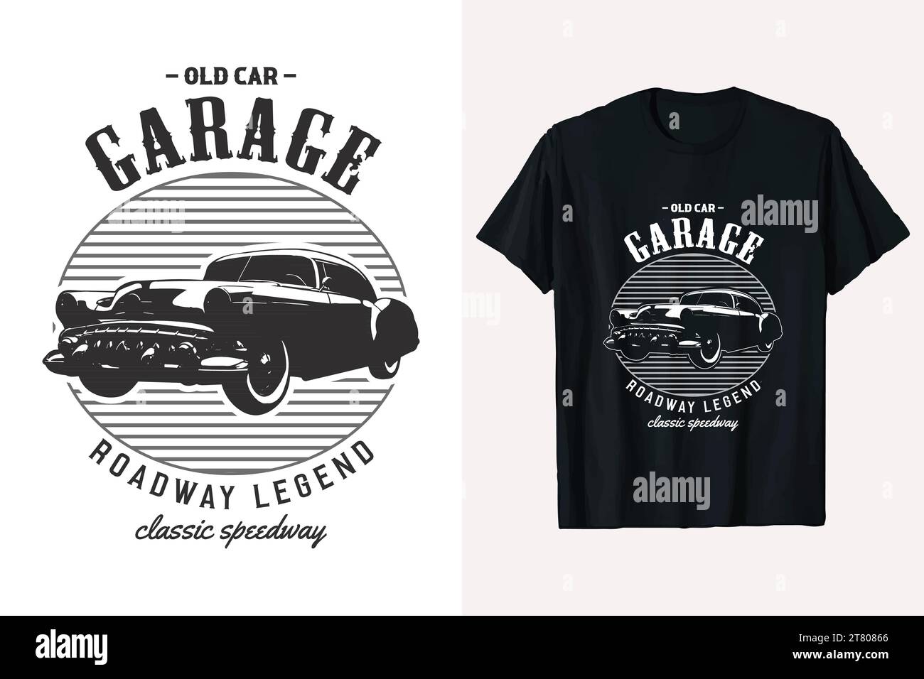 T-shirt vettoriale per auto d'epoca. modello di t-shirt per auto vecchio stile americano. stampe di magliette grafiche cars in bianco e nero. Illustrazione Vettoriale