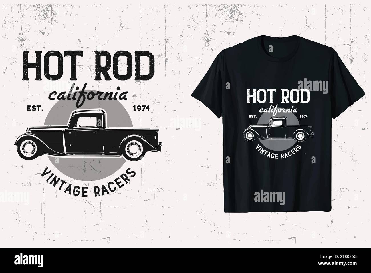 Grafica della T-shirt Vector California Hot Rod Vintage. modello di maglietta california cars. stampa in bianco e nero. Illustrazione Vettoriale
