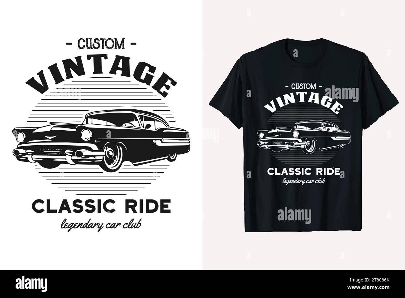 T-shirt vettoriale per auto d'epoca. modello di t-shirt per auto vecchio stile americano. stampe di magliette grafiche cars in bianco e nero. Illustrazione Vettoriale