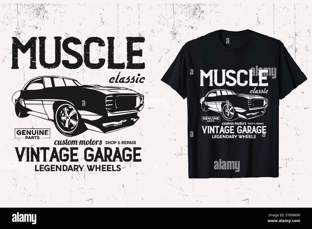 T-shirt Vector Muscle Classic Car vintage. T-shirt personalizzata con sfondo bianco e nero del veicolo Muscle Cars. Illustrazione Vettoriale