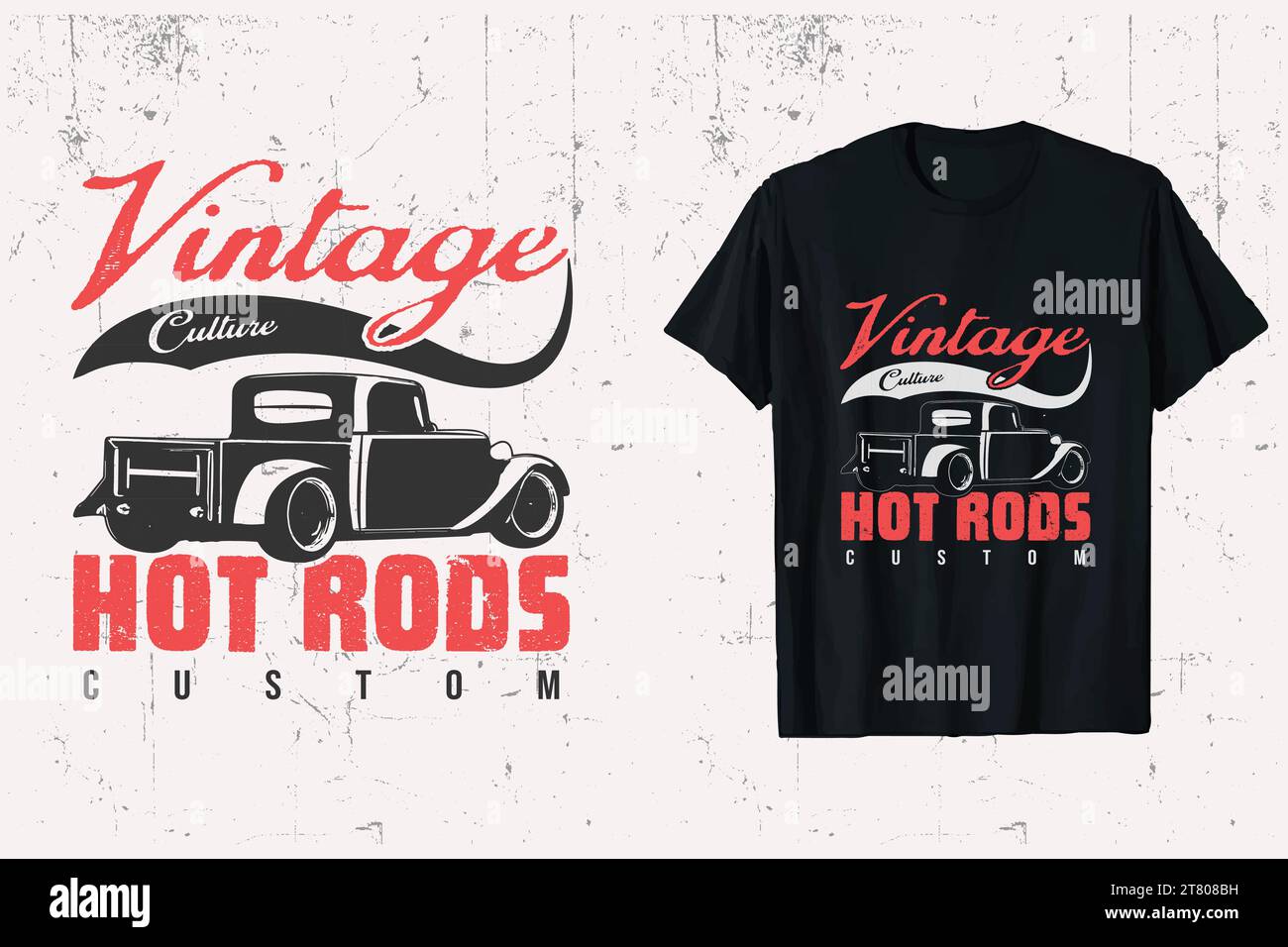 T-shirt Vector personalizzata con hotrods di cultura vintage. grafica t-shirt bianca e nera hot rod car. Illustrazione Vettoriale