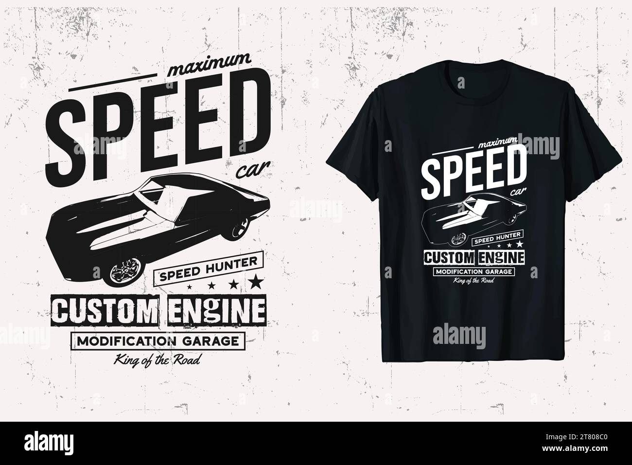T-shirt vettoriale vintage Classic Speed Custom Car, grafica t-shirt American Old Car. stampe su sfondo bianco e nero della maglietta per auto. Illustrazione Vettoriale
