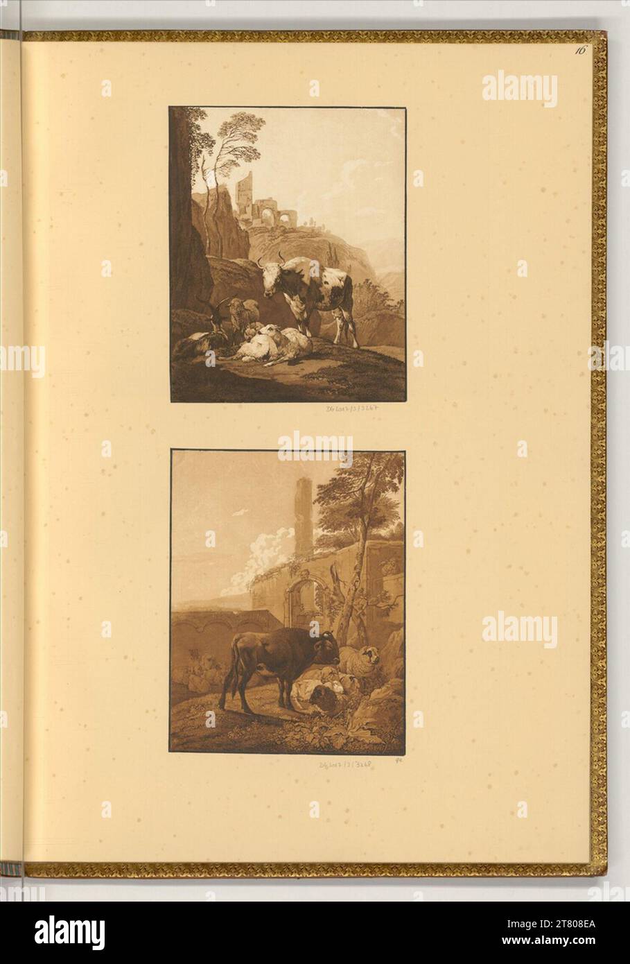 Wilhelm Alexander Wolfgang von Kobell (incisore) paesaggio con rovine, in primo piano bovini, ovini e caprini. Aquatinta 1785-1855 , 1785/1855 Foto Stock