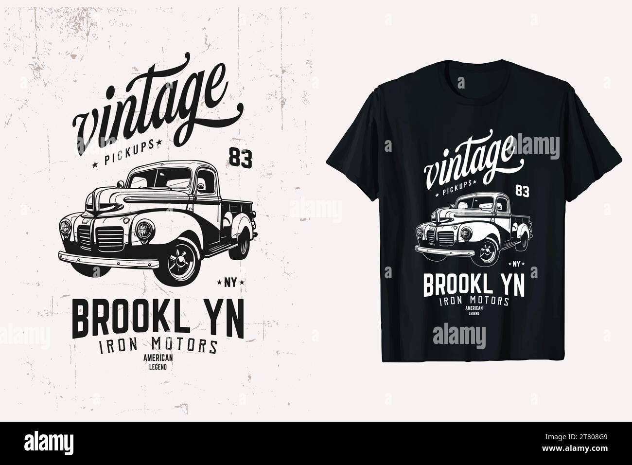 T-shirt vintage pick-up. Grafica della t-shirt vettoriale American Chevy Truck. Vecchio modello di t-shirt Chevrolet per camion. sfondo bianco e nero. Illustrazione Vettoriale