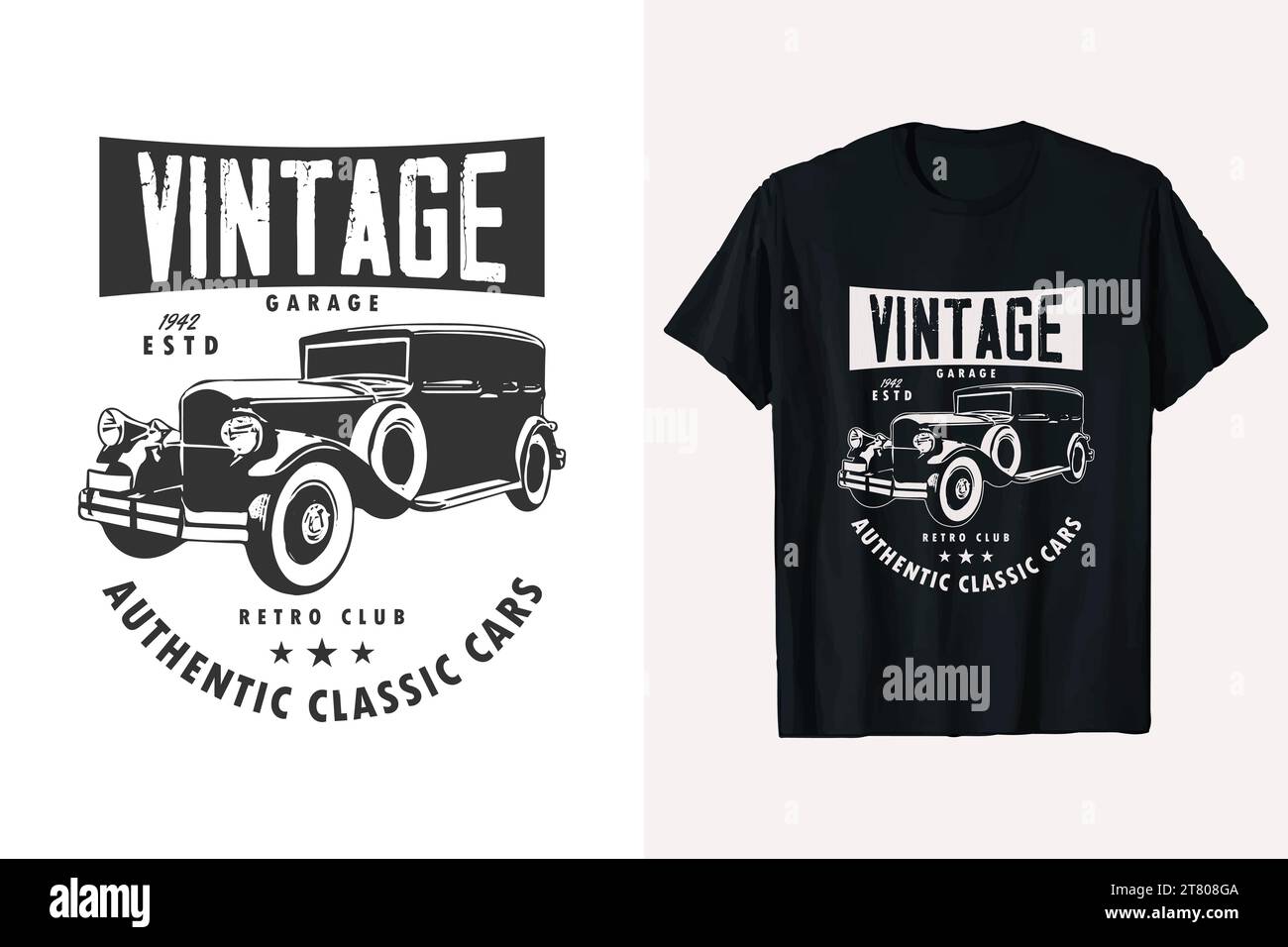 t-shirt per auto d'epoca. auto d'epoca grafica vettoriale auto d'epoca. auto d'epoca americane stampe in bianco e nero. Illustrazione Vettoriale
