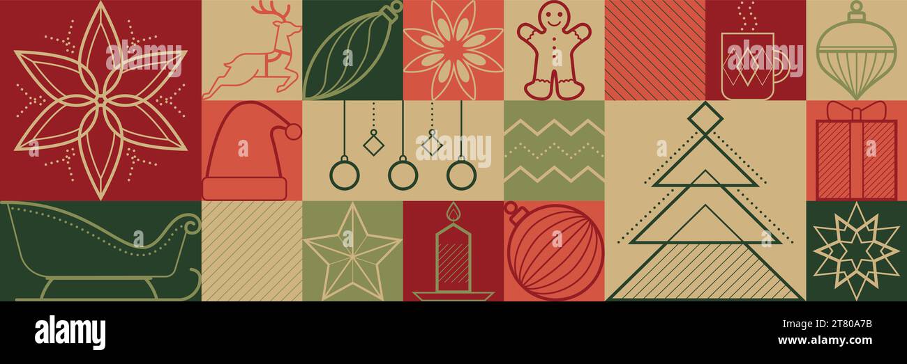 Sfondo vintage natalizio e natalizio con decorazioni e ornamenti icone Illustrazione Vettoriale