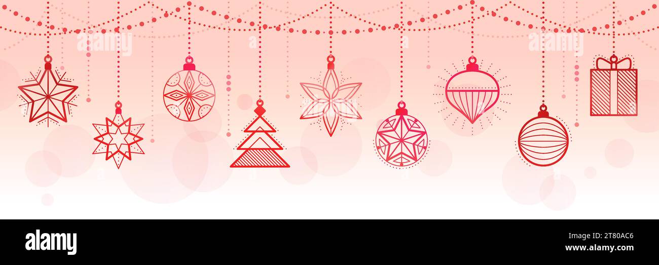 Banner natalizio e felice anno nuovo con decorazioni rosse appese, spazio per copiare Illustrazione Vettoriale