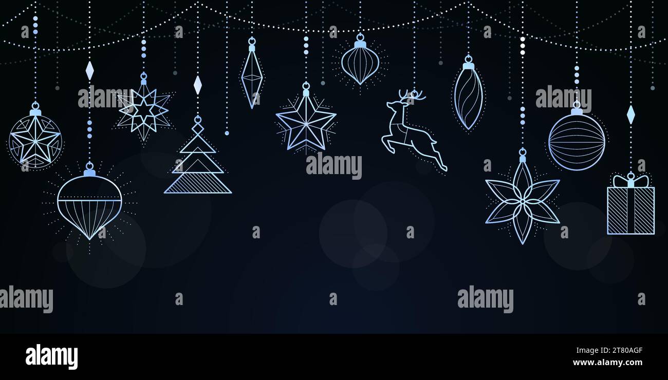 Banner natalizio e felice anno nuovo con decorazioni in argento di lusso appese, spazio per la copia Illustrazione Vettoriale