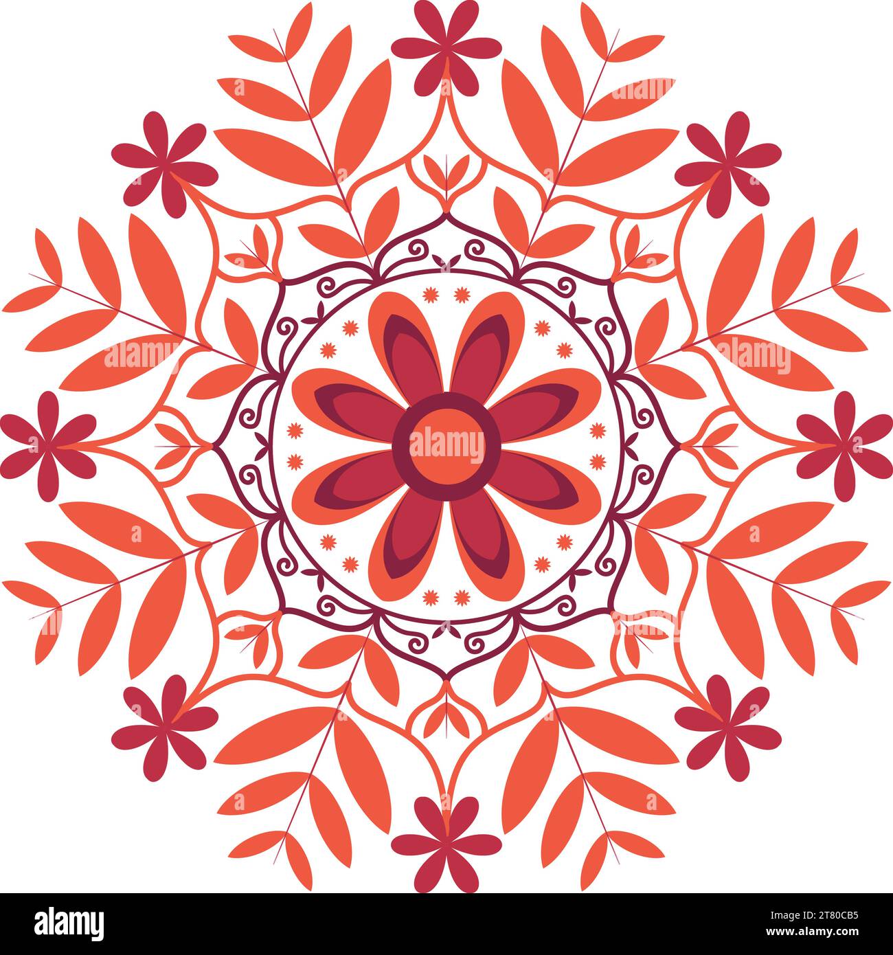 Design a mandala circolare e floreale di colore rosso-viola su sfondo bianco. Illustrazione Vettoriale