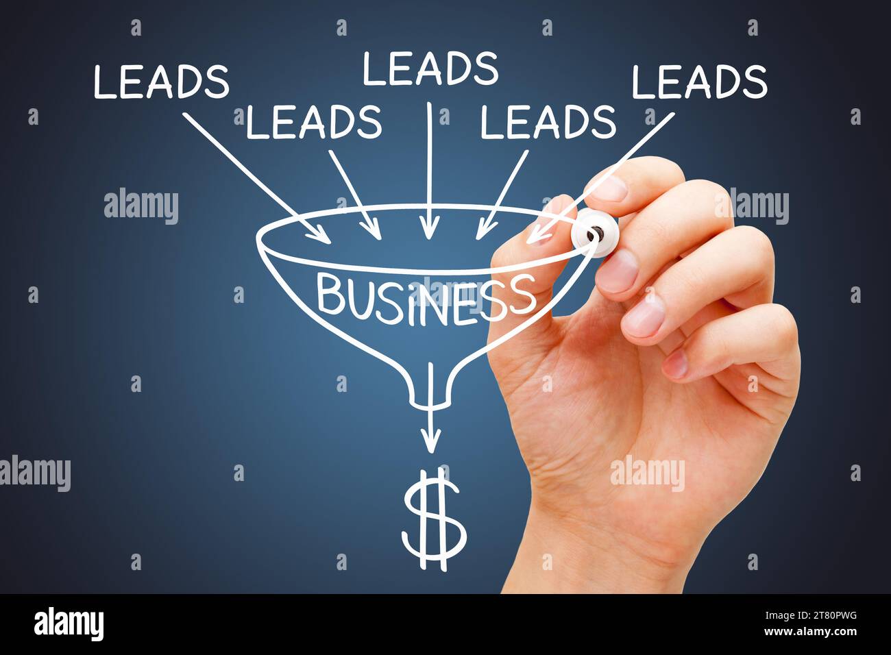 Disegnare a mano l'imbuto delle vendite di marketing sul processo di conversione dei lead in clienti. Foto Stock