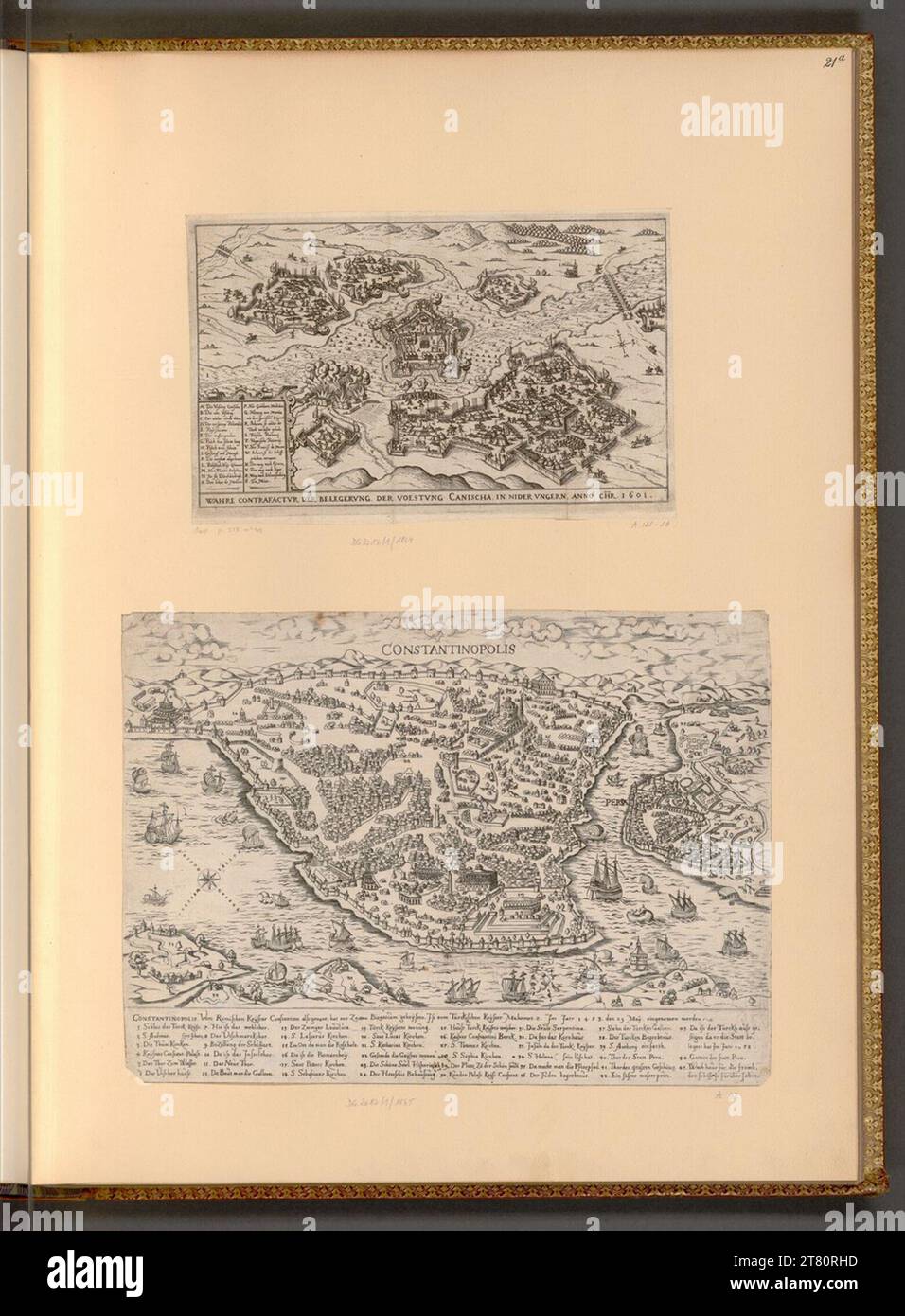 Johann Ambrosius Siebmacher (incisore) Mostra di battaglia; vista della città di Costantinopoli. Incisione del rame, incisione intorno al 1600 Foto Stock